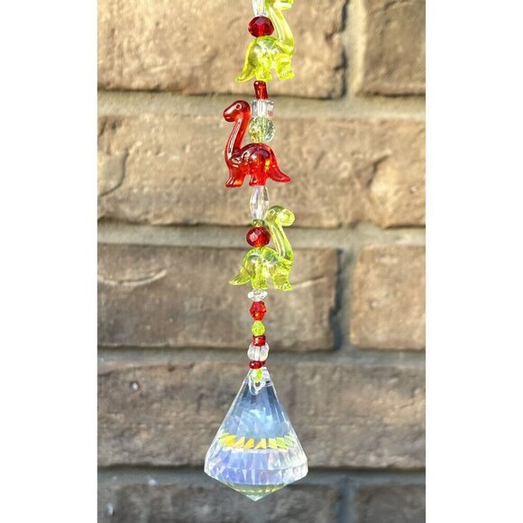 Beaded Dinosaur Christmas Suncatcher Red Green Clear Crystal Prism Hanging Decor - Picture 5 of 7